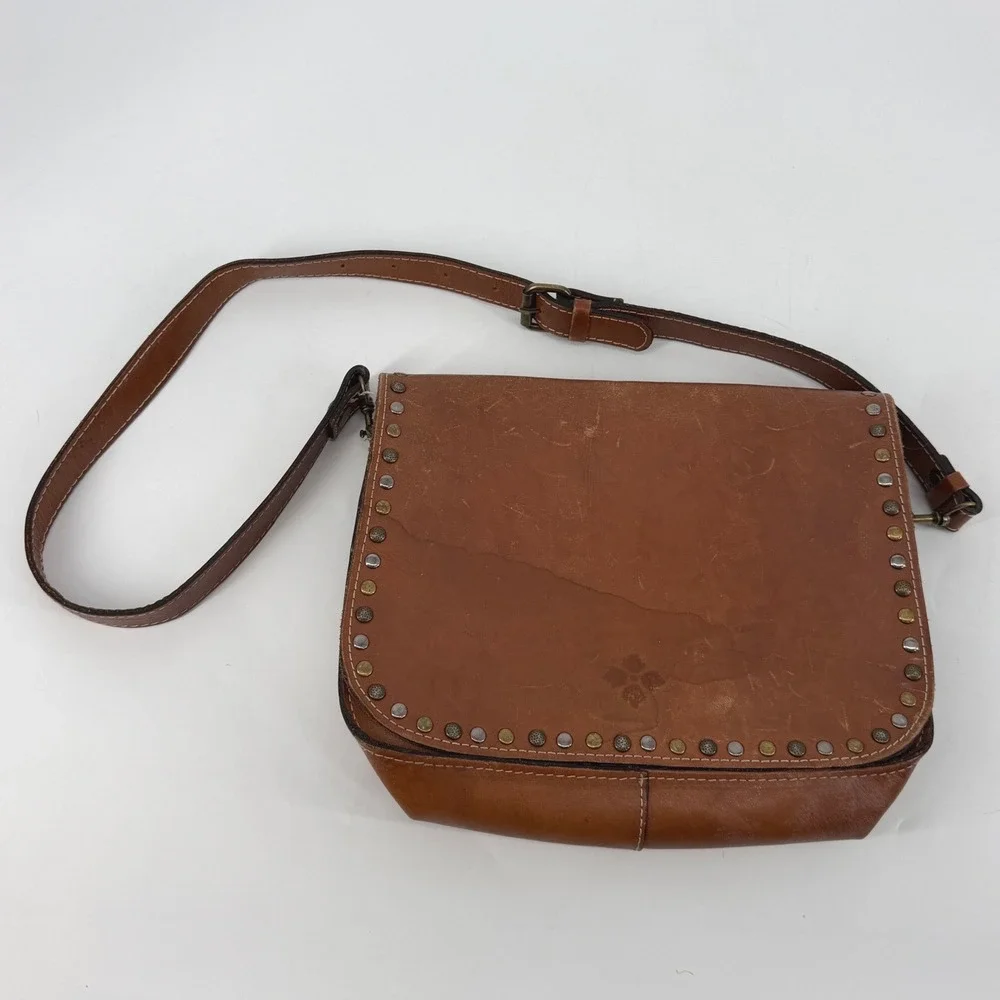 Patricia Nash Brown Italian Leather Studded Flap Crossbody Messenger Bag